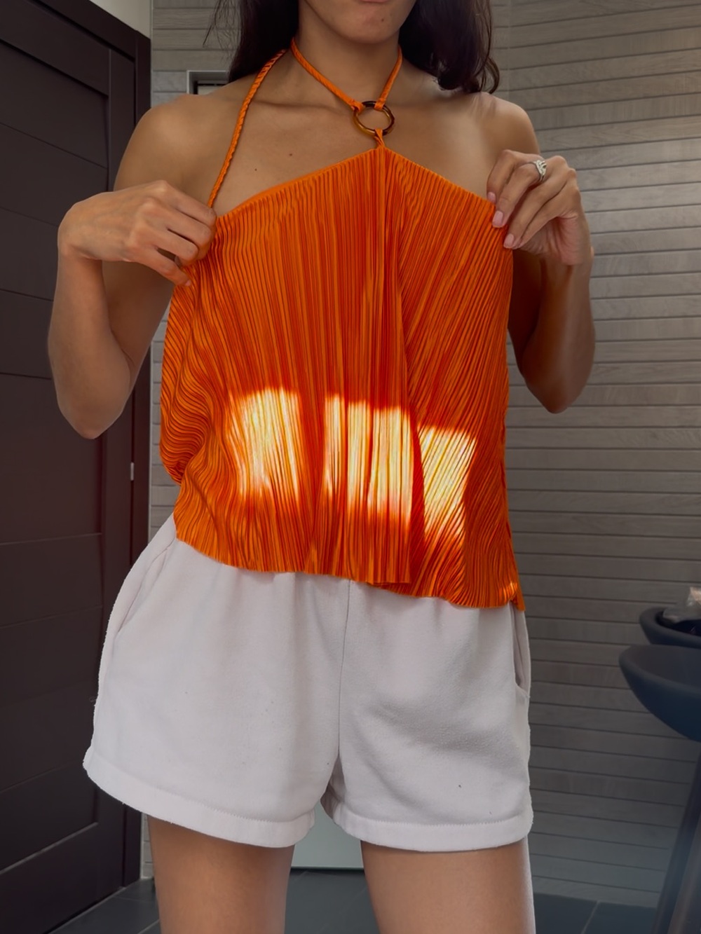 Fashion Nova Bright Orange Pleated Halter Crop Top